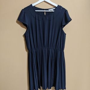 Navy pleated eyelet detail dress
